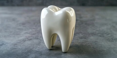 Fototapeta premium White tooth is shown on a grey surface. The tooth is clean and white, and it is the only object in the image