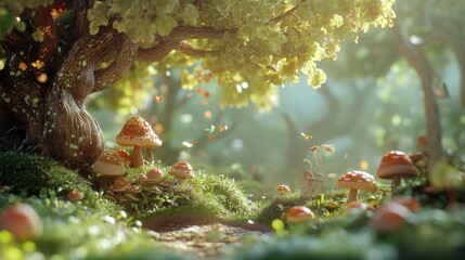Forest scene with a tree and many mushrooms. The mushrooms are scattered throughout the scene, with some near the tree and others in the grass