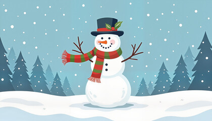 Joyful snowman wearing a top hat and scarf in a snowy winter landscape.