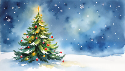 Obraz premium Christmas tree decorated with ornaments and lights under a starry night sky.