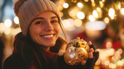 Naklejka premium Young woman enjoying holiday season with handcrafted christmas ornament for seasonal cheer