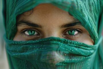 Woman with green eyes wearing a green scarf. The scarf is covering her face. The woman's eyes are open and staring at the camera