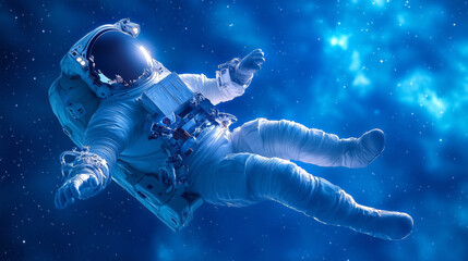 Fototapeta premium Astronaut floating in the vastness of space during a mission beyond Earth in a starry background