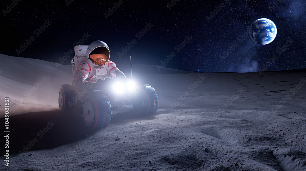 Wall mural astronaut driving a lunar rover across the moon's surface with earth visible in the background