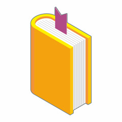 Isometric icon of yellow book with purple bookmark.