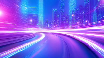 Fototapeta premium Bright neon lights illuminate a city highway at night with vibrant colors and motion blur