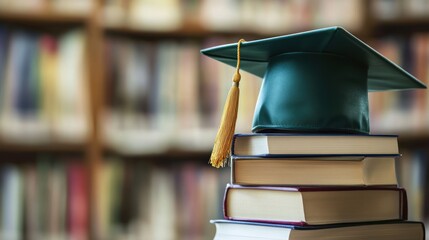 A graduation cap sits atop a stack of books, symbolizing education and achievement.