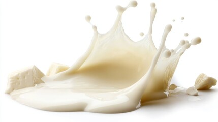 A splash of milk with cubes nearby, showcasing freshness and fluidity.