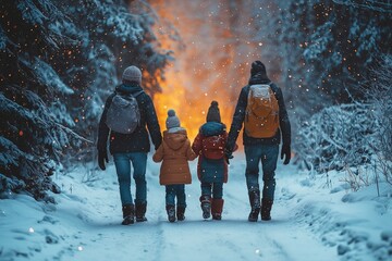 A family of five enjoys a snowy hike in the woods during a winter evening by a warm fire