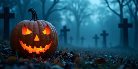 Obraz premium Spooky halloween A jack-o'-lantern in a foggy graveyard on the left side, with an eerie blue sky on the right for Halloween messages.