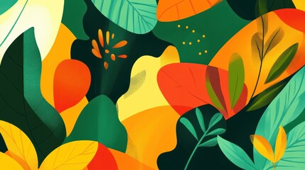 A vibrant illustration of leaves and foliage in various colors and shapes.