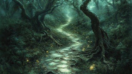 Enchanted Forest Path with Twisting Trees and Glowing Fireflies Under an Eerie, Mystical Night Sky Perfect for Fantasy, Magic, Adventure, Wanderlust, Nature Lovers