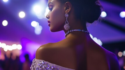 A woman in elegant attire, showcasing jewelry and a glamorous atmosphere.