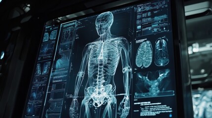 X-ray visualization of the human body with detailed anatomical information.