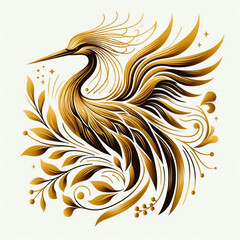 a stylized artistic of a stork in gold colour. 