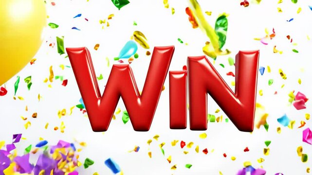 Bold red "WIN" text surrounded by colorful confetti and balloons, celebrating success, achievement, and excitement.