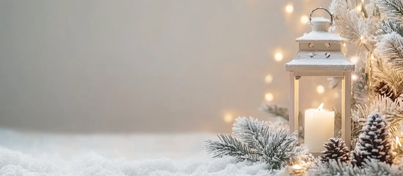 A white lantern with a lit candle sits in a snowy setting, surrounded by pine branches and twinkling lights