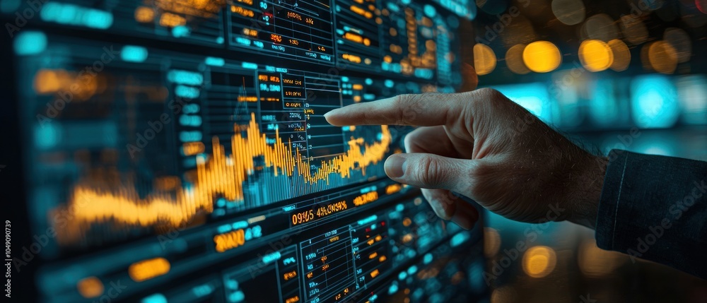 Poster Hand Interacting with a Financial Data Screen with a Line Graph and Numbers