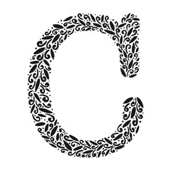 Floral botanical alphabet. Vintage hand drawn letter C. Letter with plants and flowers. Vector lettering isolated on white