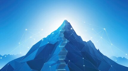 A stylized blue mountain with a staircase, symbolizing growth and aspiration.