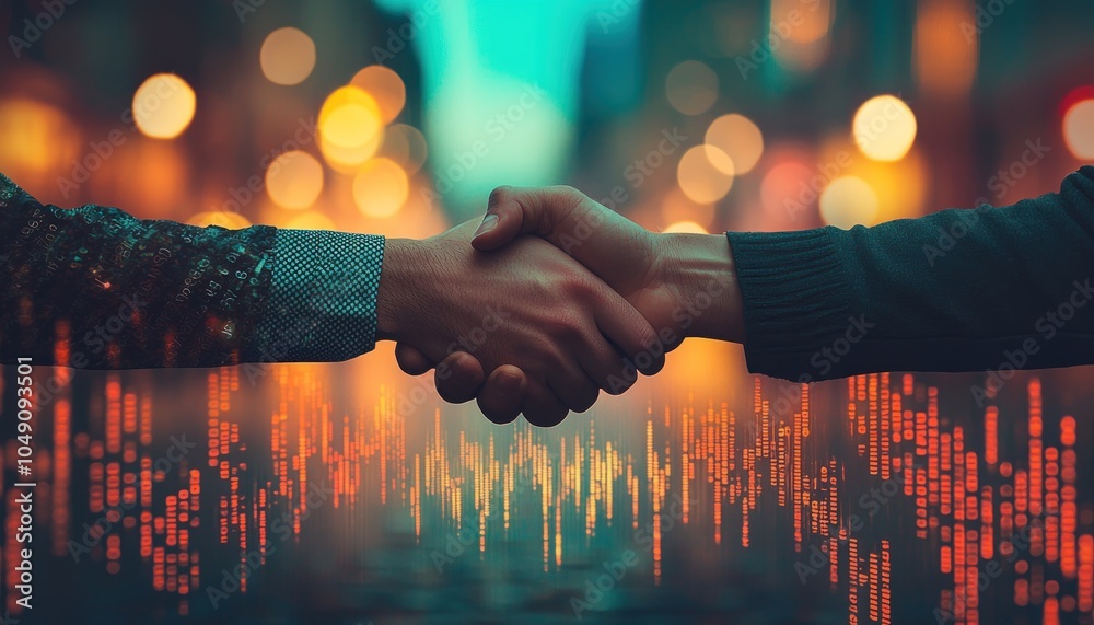 Poster two hands shaking with blurry city lights and data in the background