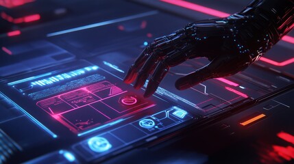 A robotic hand interacts with a futuristic touchscreen interface filled with digital data.