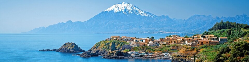 Obraz premium Scenic Coastal Village with Snow-Capped Mountain and Ocean View: Majestic Panorama of Nature, Blue Water, White Peaks, Rocky Shorelines, and Idyllic Landscape