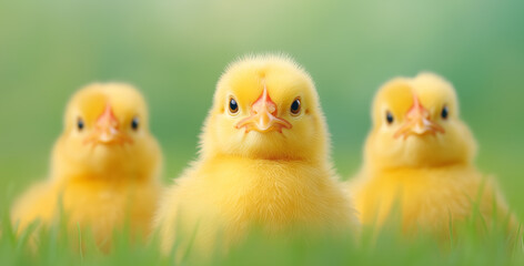 Fototapeta premium Three fluffy yellow chicks standing together in a lush green field on a sunny day
