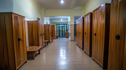A corridor lined with wooden lockers, typical of a changing room or locker area.