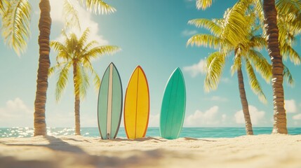 Obraz premium Three colorful surfboards stand on a sandy beach surrounded by palm trees and ocean waves.
