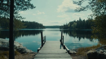 Naklejka premium A serene lakeside view featuring a wooden dock and surrounding trees under a cloudy sky.
