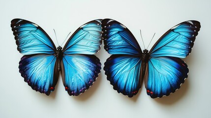 Fototapeta premium Four vibrant blue butterflies with unique wing details, displayed symmetrically on a clear background for nature-inspired designs.