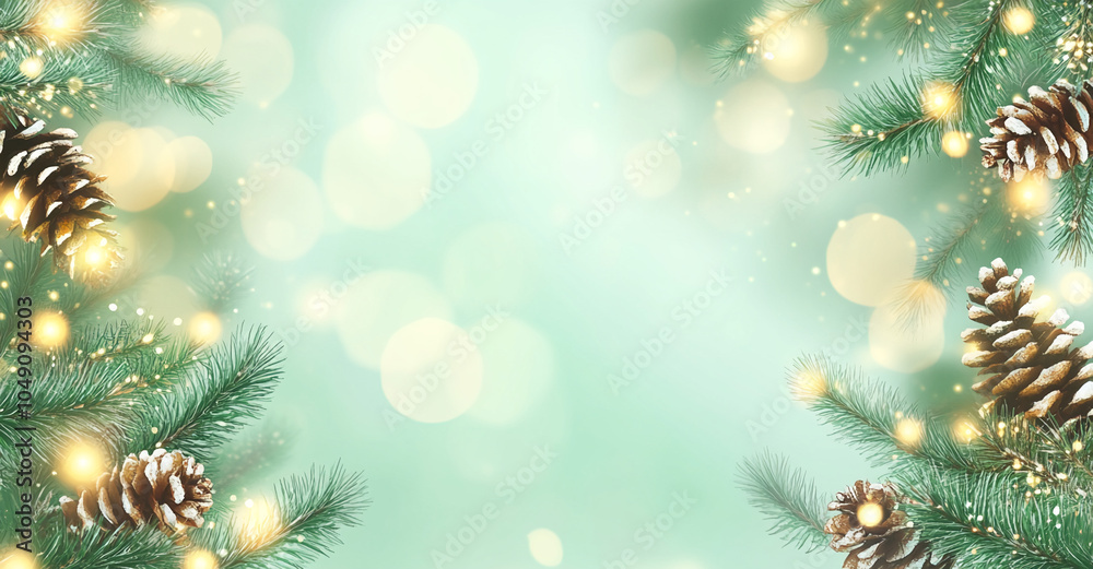 Poster pine branches with pinecones and fairy lights create a festive atmosphere