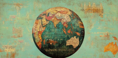 Fototapeta premium A vintage-style globe illustration showcasing continents and oceans with artistic textures.