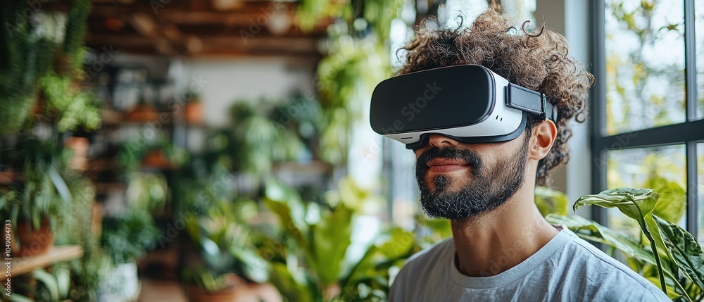 Poster man wearing virtual reality headset in a greenhouse setting
