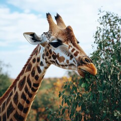 Obraz premium Majestic Giraffe Grazing in African Savanna: Wildlife Safari, Tall Animal Eating Leaves, Nature Photography, Lush Greenery, Blue Sky, Long Neck, Herbivore Scene