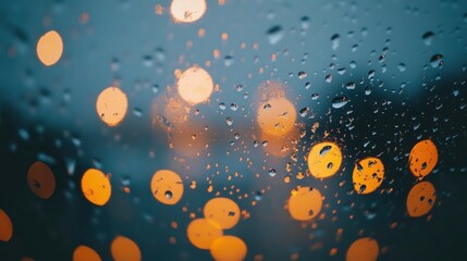 A close-up of raindrops on a window, creating a bokeh effect with blurred lights in the background.