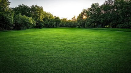 Obraz premium A lush green lawn surrounded by trees at sunset, creating a serene outdoor atmosphere.