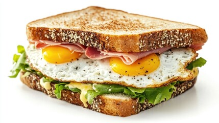 German Strammer Max sandwich with ham and two fried eggs, isolated on a white background.