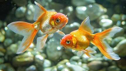 Goldfish swimming gracefully in a crystal-clear fish pond, captured in a close-up view.