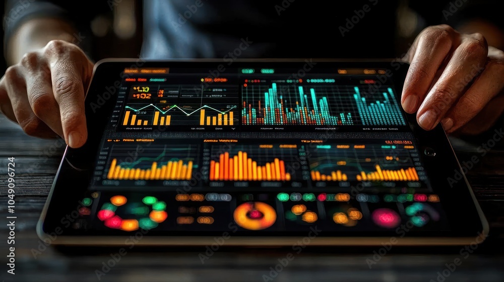 Poster Hands Interacting with a Tablet Displaying Stock Market Data