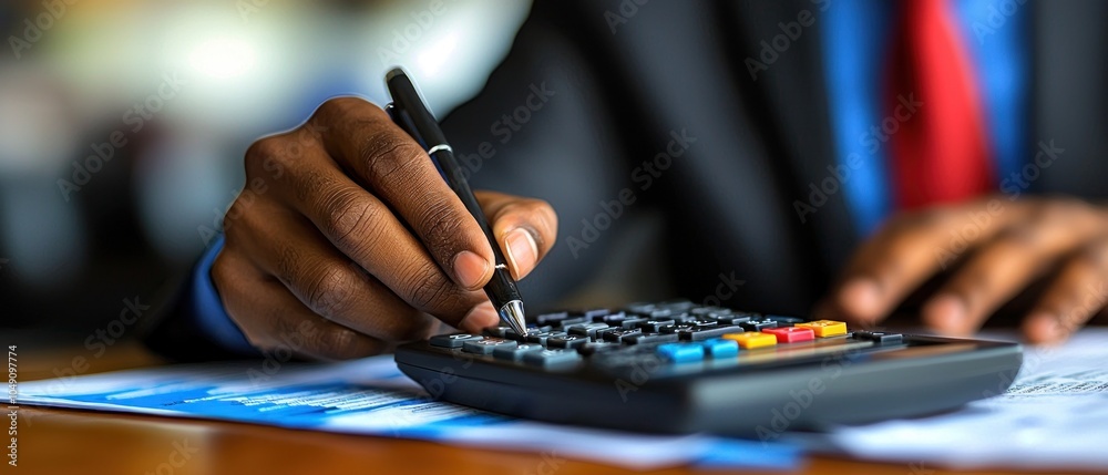 Aufkleber Close-up of a Person's Hand Using a Calculator and a Pen