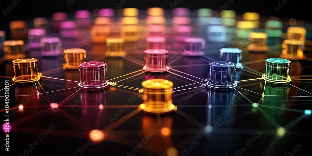 Poster colorful cylinders connected by a network of lines