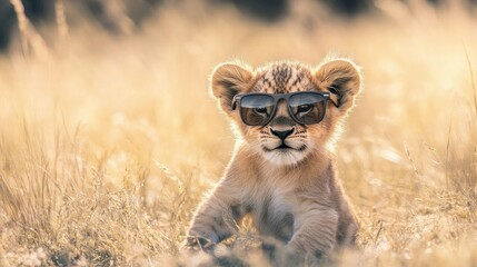 Obraz premium Lion cub with cute sunglasses, playing in the tall grass under the bright sun.