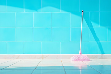 Obraz premium A pink broom stands on a shiny tiled floor against a bright blue wall in a sunny indoor space