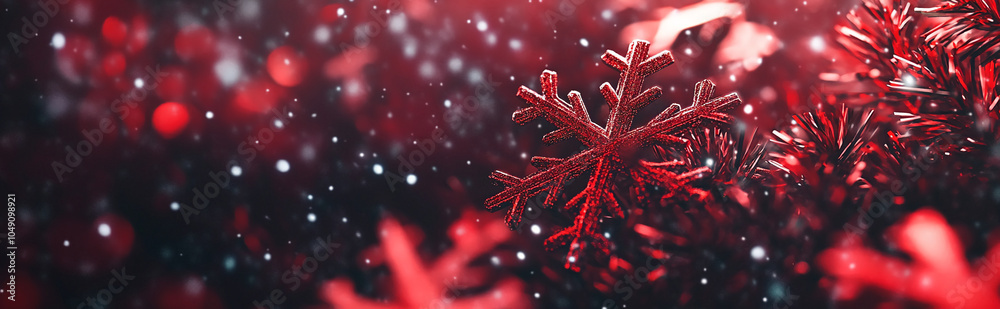Poster a red snowflake falls on a pine branch during a snowy winter day