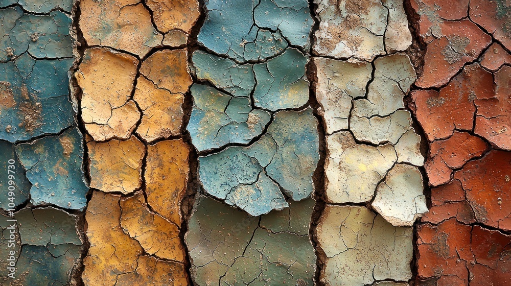 Poster cracked and weathered paint on a surface with multiple colors
