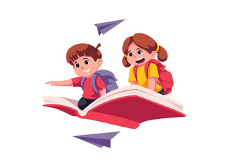 Two happy children, backpacks on, flying over a book with paper airplanes.