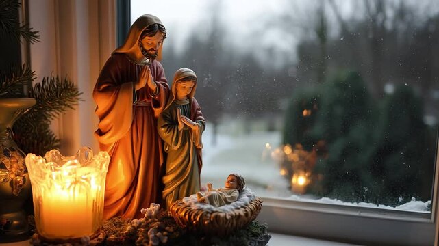 nativity scene set up on a windowsill, with soft candlelight illuminating the figures of Mary, Joseph, and baby Jesus
