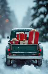 Christmas truck with presents drives down the street